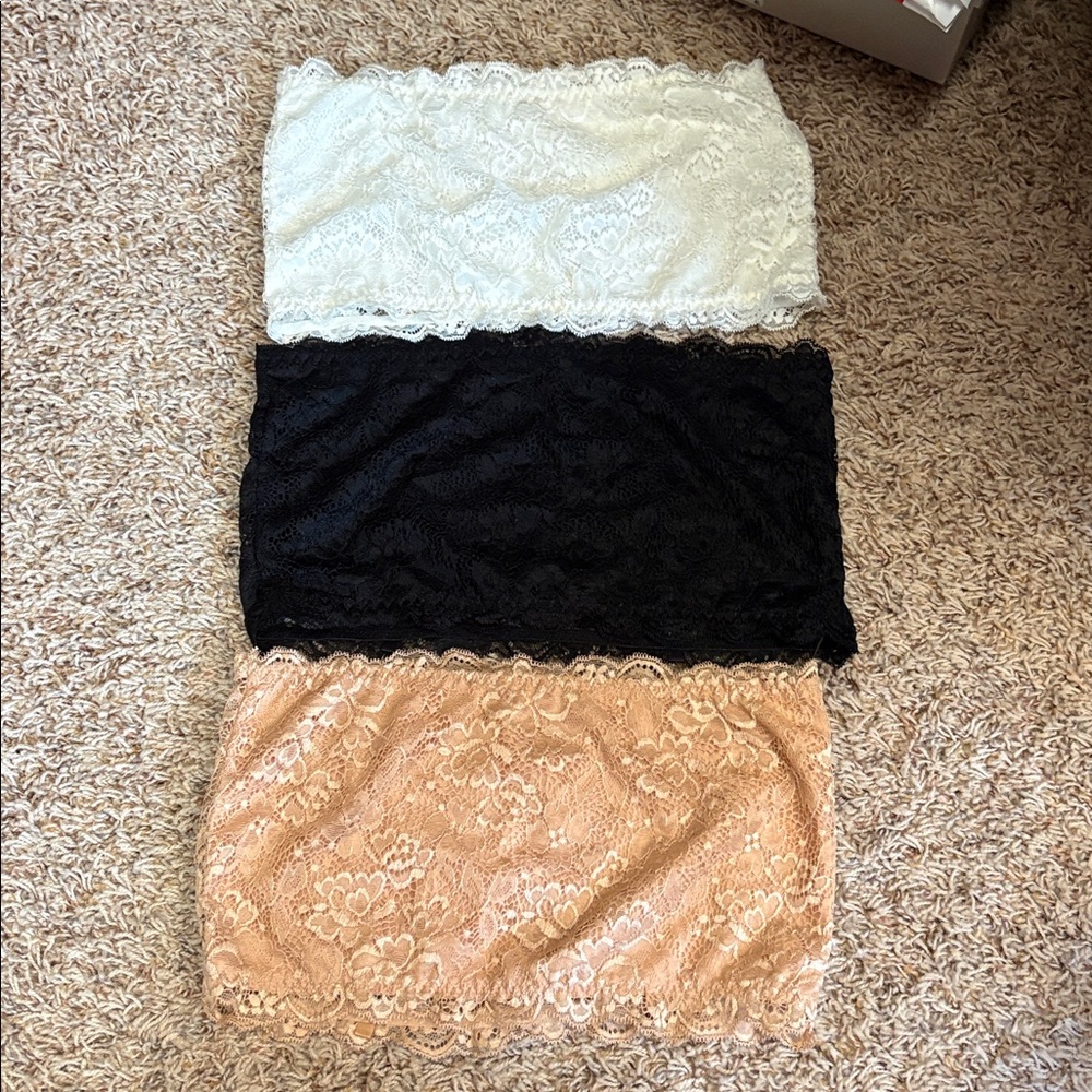 3 Pack White, nude & Black, Lace Bandeau Top - Strapless Lace Tube